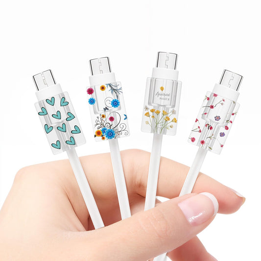 4 Pcs Cable Protectors for Cords Flower Transparent Charger Protector Cute Cord Protector Type-C Ptu Protector De Cargador，Phone Cord Protector，Charger Accessories