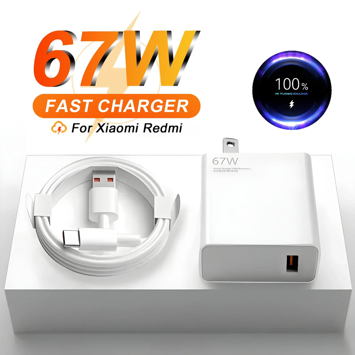 Cargador Ultrarrápido 67W 6A para Xiaomi, Redmi y POCO (Incluye Cable Tipo C)