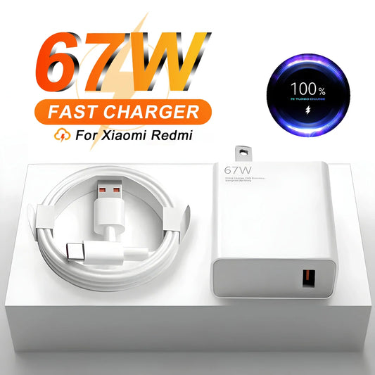 Cargador Ultrarrápido 67W 6A para Xiaomi, Redmi y POCO (Incluye Cable Tipo C)