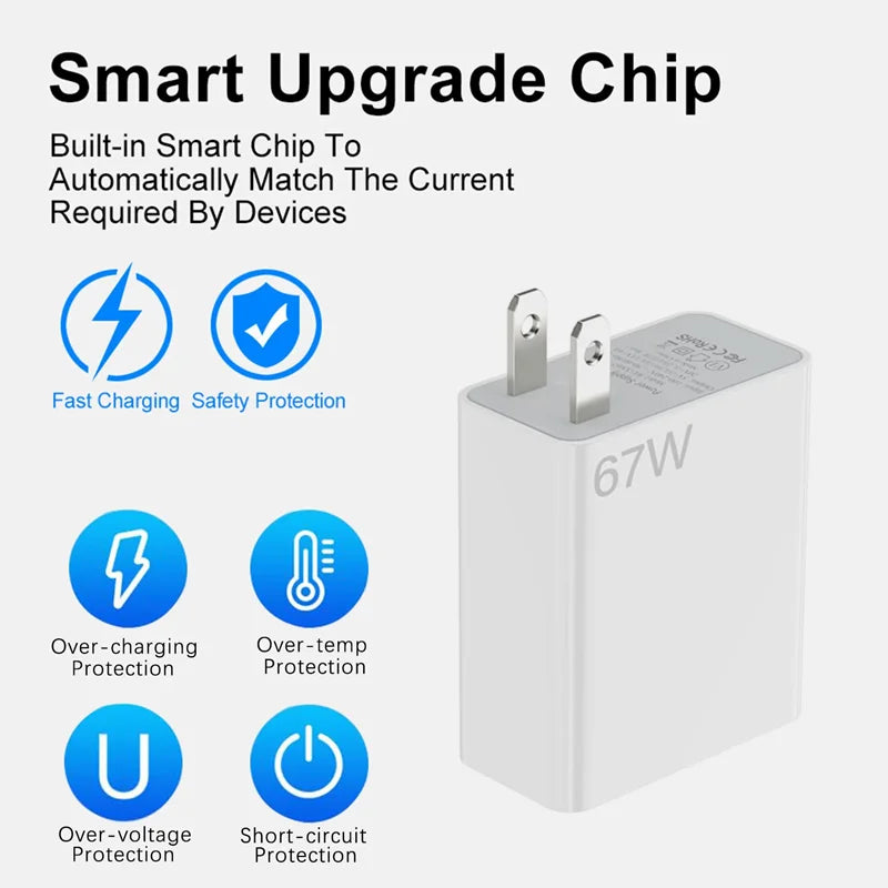 Cargador Ultrarrápido 67W 6A para Xiaomi, Redmi y POCO (Incluye Cable Tipo C)